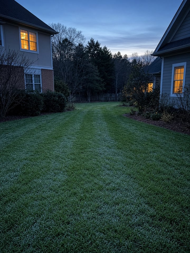 Green fescue lawn between homes on a cold winter evening