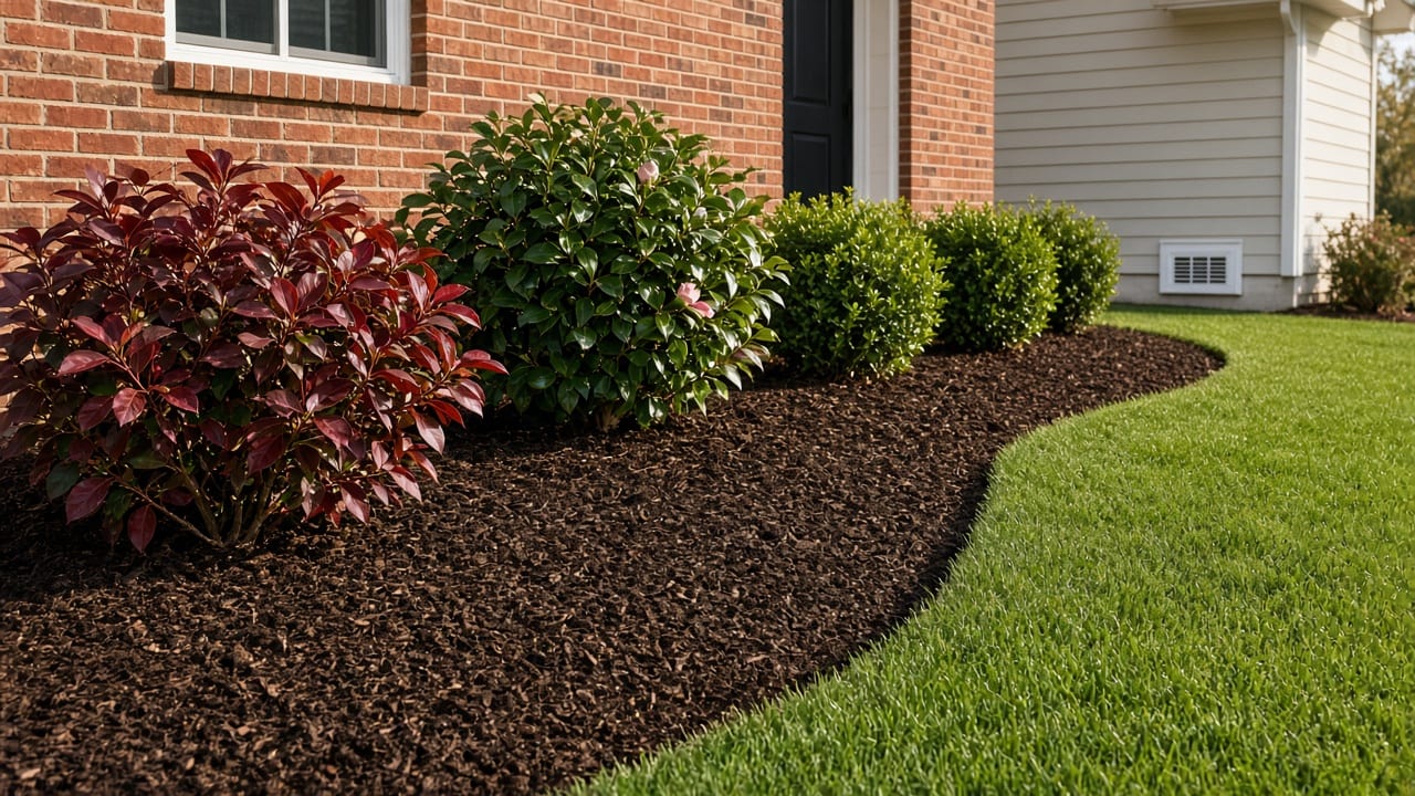 Fresh triple-shredded dark hardwood mulch bed with a clean spade-cut border against green tall fescue sod at a Raleigh NC home