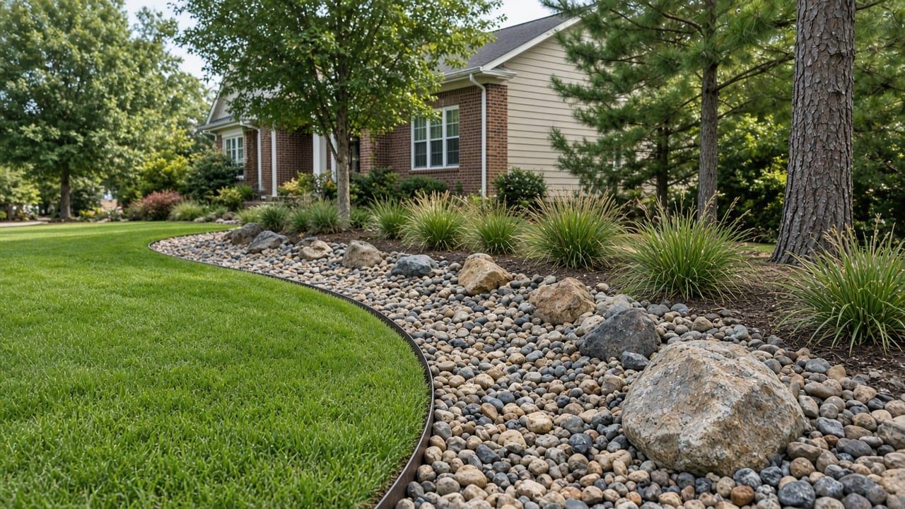 Decorative river rock dry creek bed and accent boulders separated from green tall fescue lawn by steel edging at a Raleigh NC home